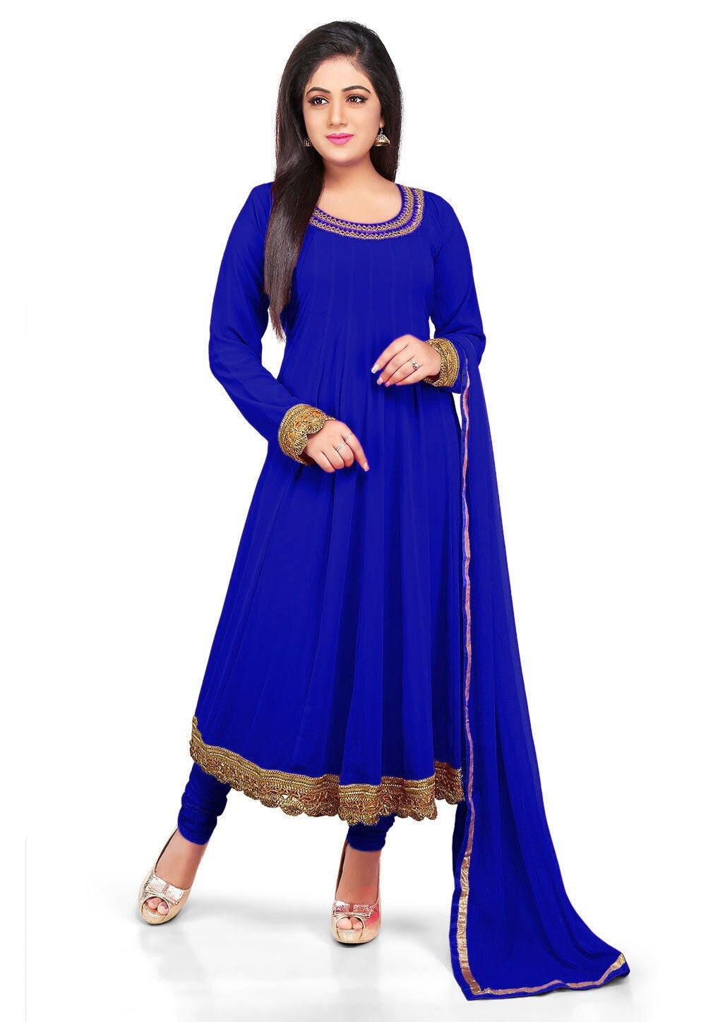 Buy Calmna Royal Blue Chikankari Anarkali Suit Set-blue (Set of 3) online