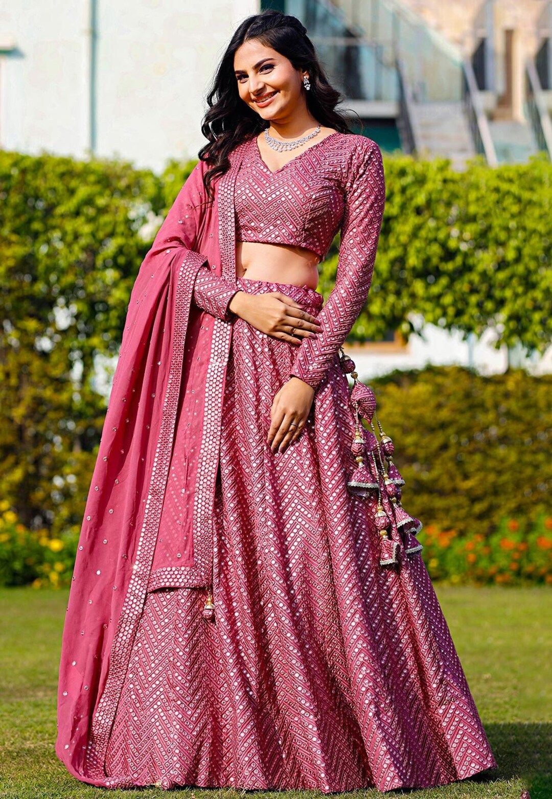 Pink Embellished Georgette Lehenga Set main image 1