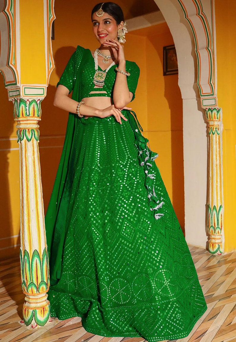 Embroidered Georgette Lehenga in Purple Green