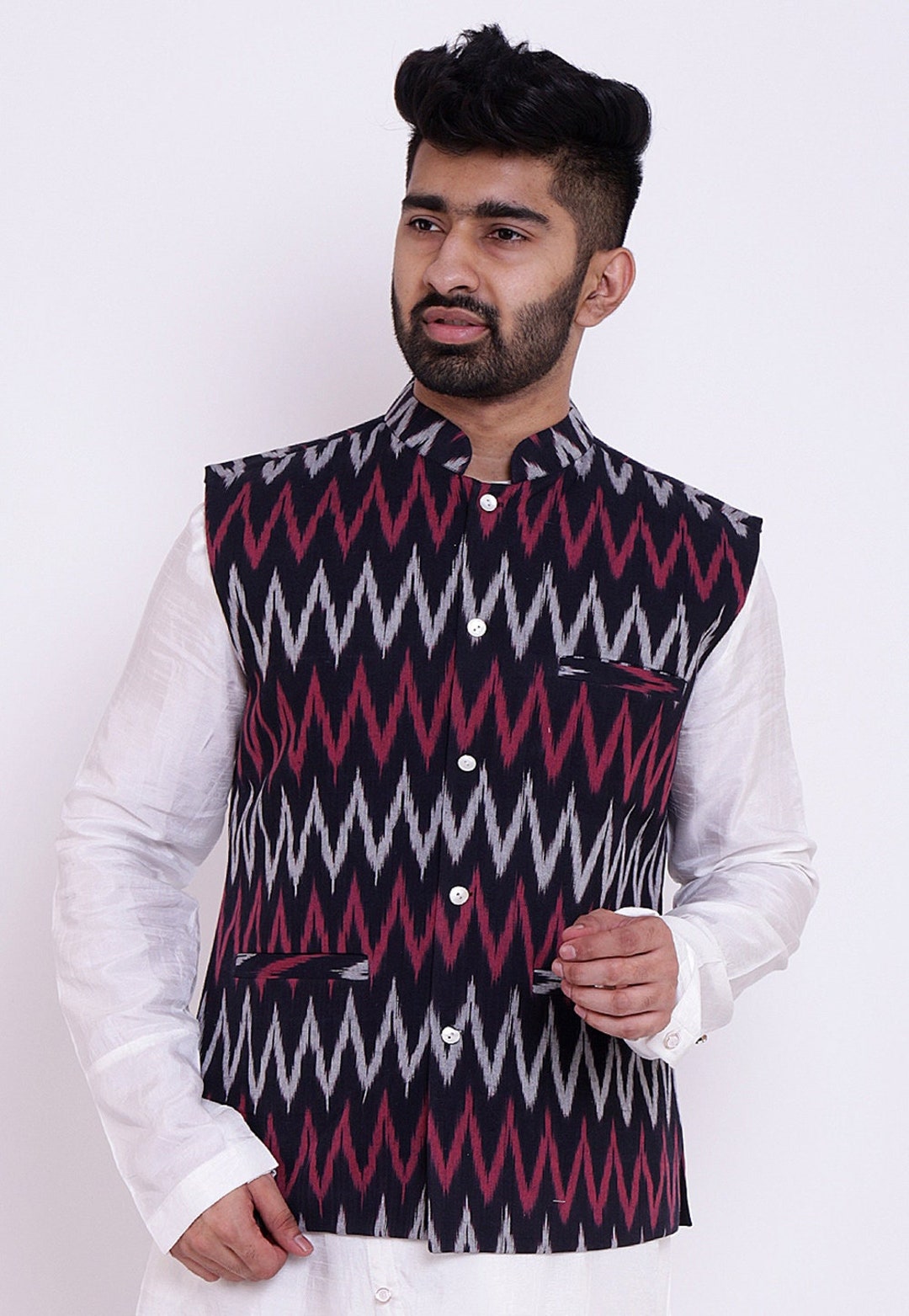 Ikat Woven Cotton Nehru Jacket in Black Etsy