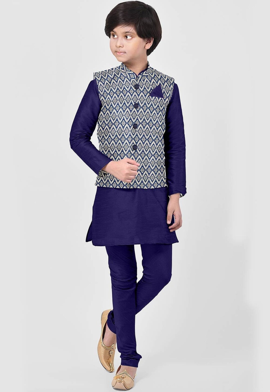 Dark Blue - Plain Slub Silk A-Line Kurta with Ikat Patchwork