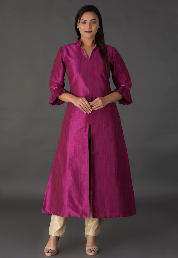 トップス arts & science Front slit ethnic blouse Plain Art Silk Front Slit Kurta Set in Magenta - Etsy
