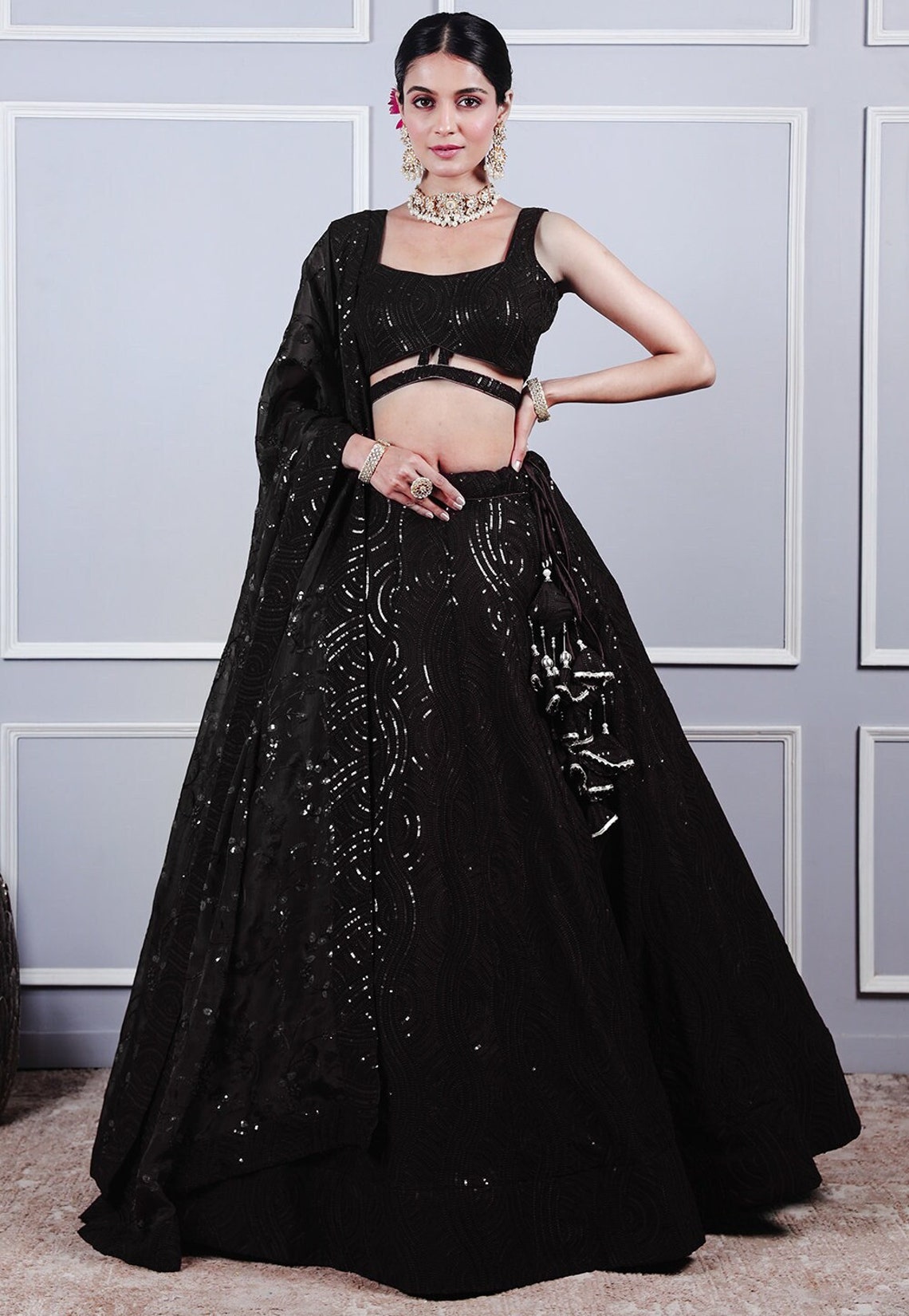 Grey Georgette Jacquard Lehenga with Embroidery & Print Blouse Handwork Dupatta Set main image 0