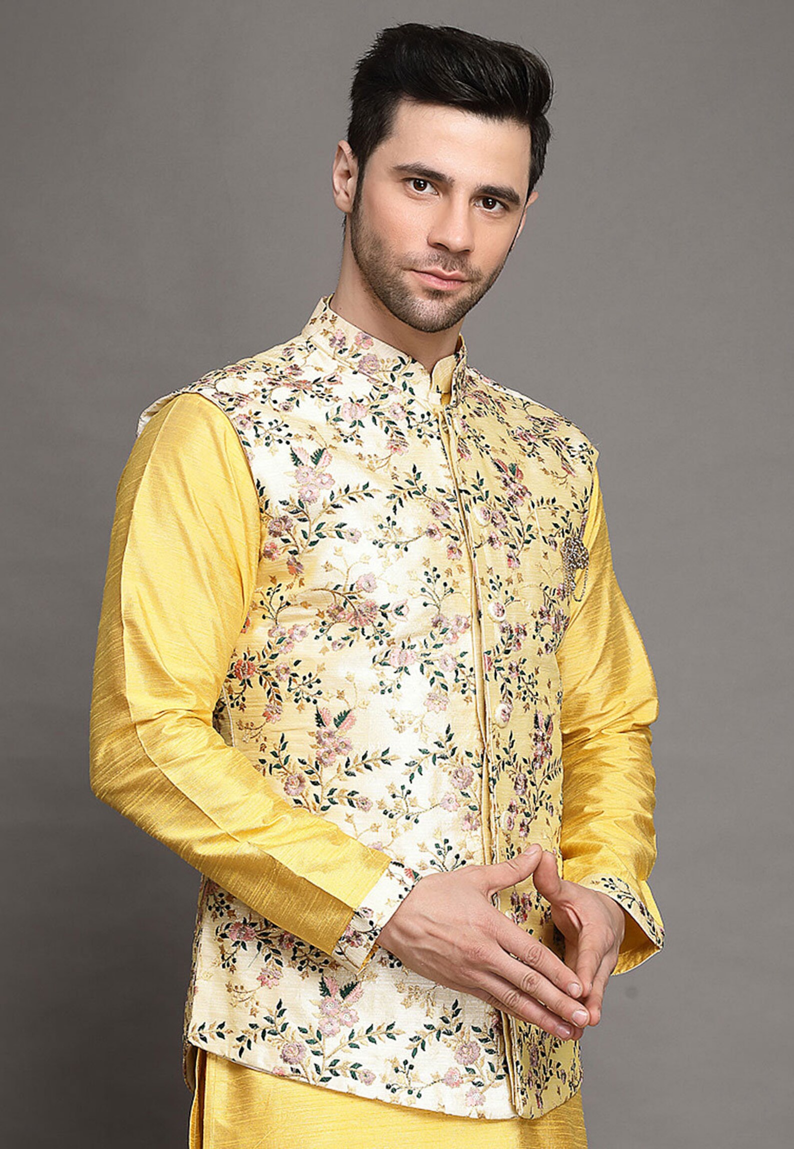 Multicolor - Kantha Embroidery Silk Patchwork Nehru Jacket 04