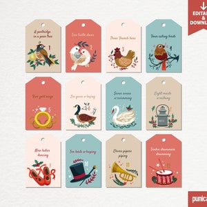 Animated 12 Days of Christmas Gift Tags Template | Printable Favor Tags | Instant Download