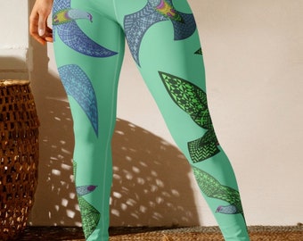 Fruit Dove Yoga Leggings, High Waisted Yoga Pants, Polynesian Design Yoga Leggings, Polynesian Art Active Wear For Women.