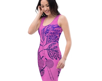 Fuchsia Breadfruit Bodycon Dress, Tropical Breadfruit Dress, Polynesian Breadfruit Dress, Polynesian Pattern Dress, Polynesian Style Dress.