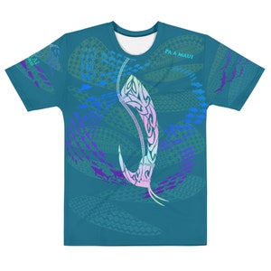 May include: A teal blue t-shirt with a colorful fish hook design and the text "PA'A MAUI" printed on the front. The design features a school of fish and a traditional Hawaiian pattern.
