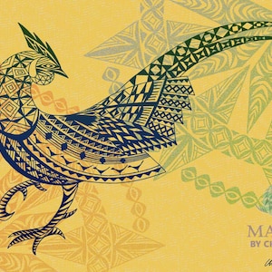 May include: A stylised illustration of a bird with a long tail, rendered in black and blue on a yellow background. The bird is surrounded by geometric patterns in shades of green and blue. The text "MATAI BY CHARLES" is written in the bottom right corner of the image.