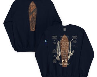 May include: Navy blue sweatshirt with a detailed graphic of a Polynesian trolling lure. The design includes intricate patterns and text, with a matching design on the back. The text reads "PA Trolling Lure of 'Uvea & Tonga".