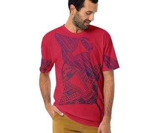 Manta Ray Design T-Shirt, Polynesian Manta Ray T-Shirt, Tribal Manta Ray T-Shirt, Men&#39;s All Over Print T-Shirt, Warrior Red Manta Ray Tee.