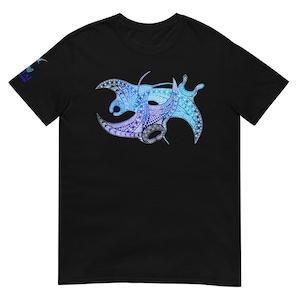The 3 Manta Rays Polynesian Inspired Short-Sleeve Unisex T-Shirt, Pacific Manta Ray T-Shirt, Polynesian Tattoo Style Manta Ray Shirt.