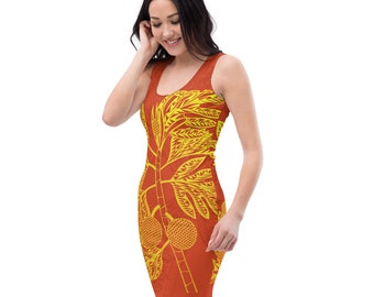 Mahogany Breadfruit Bodycon dress, Tropical Breadfruit Dress, Polynesian Breadfruit Dress, Polynesian Pattern Dress, Polynesian Style Dress.