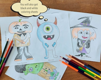 Páginas para colorear de Halloween para niños, títeres de Halloween, manualidades para niños, fiestas de Halloween, manualidades, temporada espeluznante (PDF)