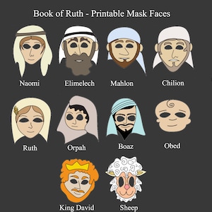 10 Printable  Book of Ruth Masks, Instant Download, Shavuot Download, Ruth Scroll, Shavuot Gift For Kids,  DIY, Jewish, Bible Masks
