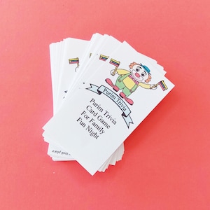 Purim-spel, 54 trivia-kaarten, familiespel, instant download, afdrukbaar spel, educatief spel, Purim-activiteit, afdrukbaar en bewerkbaar