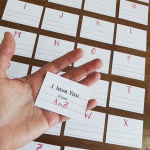 Notas de amor imprimibles "Te amo" de la A a la Z, mensajes de amor para ella de parte de él, descarga PDF, regalos románticos para el primer aniversario de tu esposa.