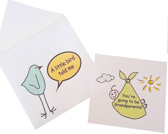 May include: Two white greeting cards with whimsical illustrations. One card features a blue bird with the text "A little bird told me" in a yellow speech bubble. The other card shows a baby bundle with the text "You're going to be Grandparents!"