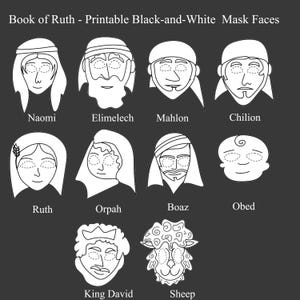 10 Black-and-White Printable  Book of Ruth Masks, Instant Download, Shavuot Download, Ruth Scroll, Shavuot Gift For Kids,  DIY, Jewish Toy
