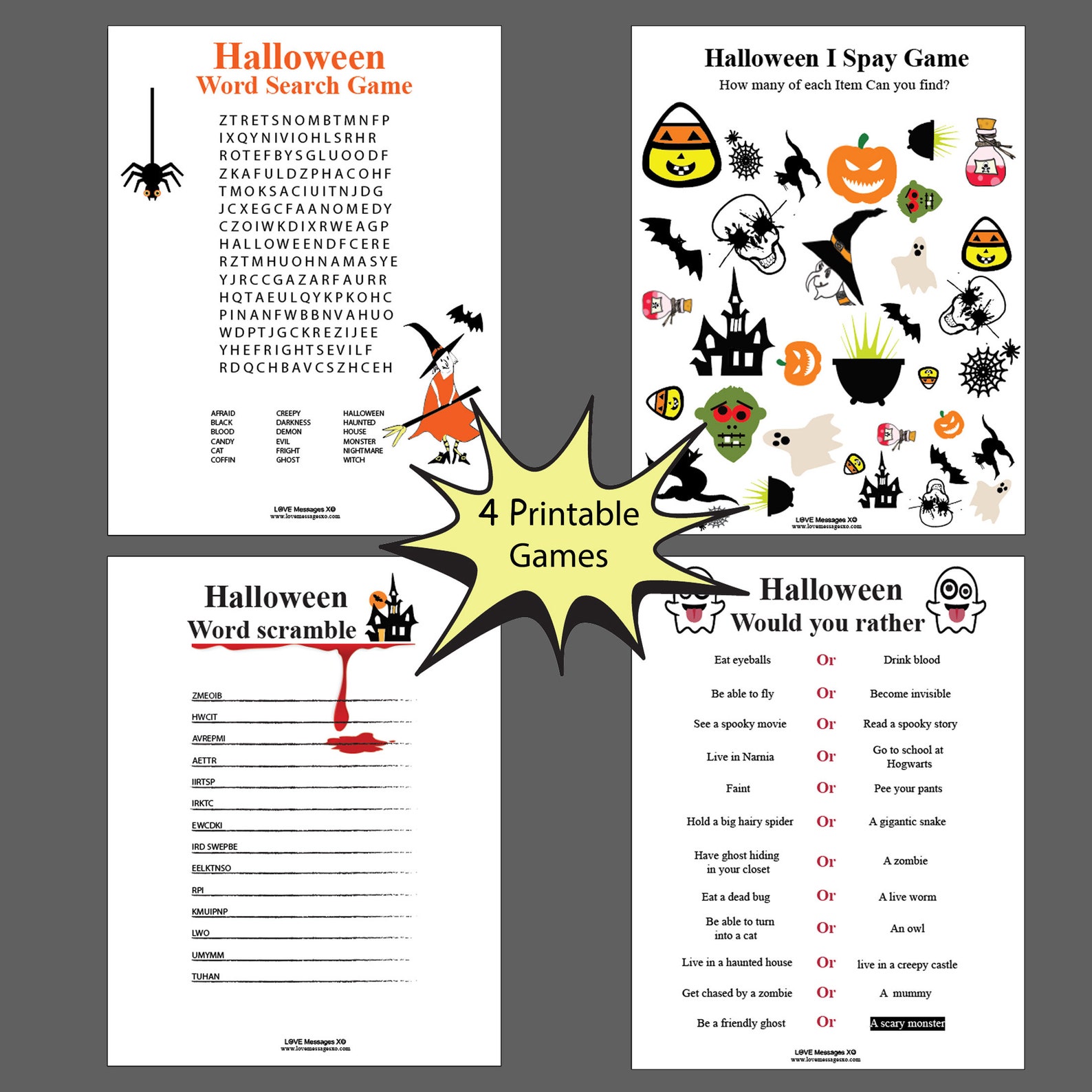 Printable Halloween Game Pack 4 Games Word ScrambleWould Etsy