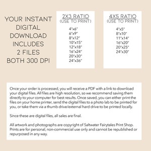 Op de afbeelding: Een digitale download voor afdrukbare afbeeldingen in twee formaten: 2x3 verhouding en 4x5 verhouding. De download bevat twee bestanden, beide met 300 DPI. De afbeelding toont de verschillende beschikbare afdrukformaten, waaronder 4x6 inch, 6x9 inch, 8x12 inch, 10x15 inch, 12x18 inch, 16x24 inch, 20x30 inch en 24x36 inch.