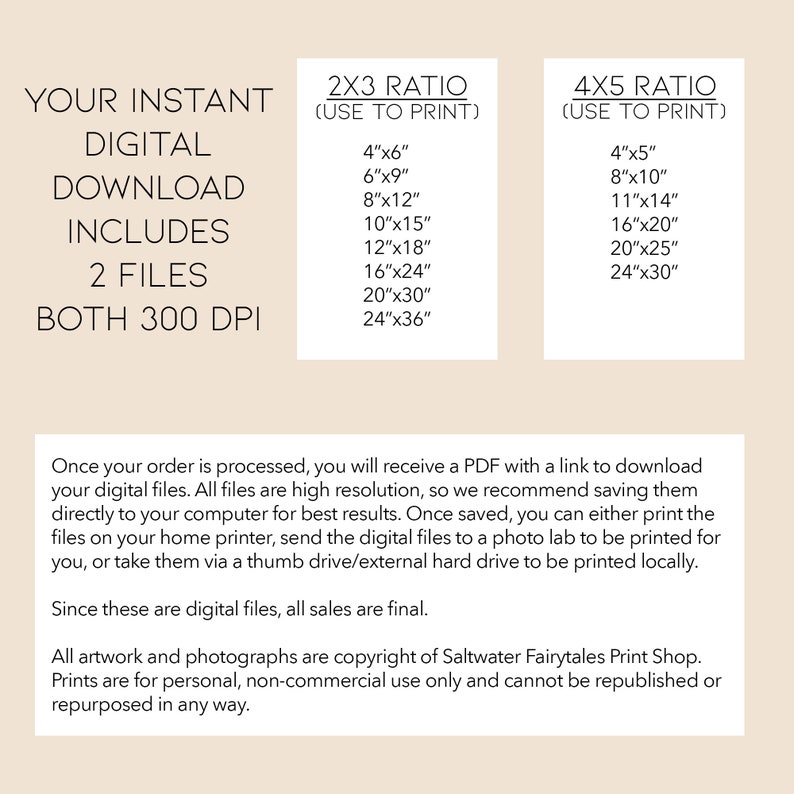 Op de afbeelding: Een digitale download voor afdrukbare afbeeldingen in twee formaten: 2x3 verhouding en 4x5 verhouding. De download bevat twee bestanden, beide met 300 DPI. De afbeelding toont de verschillende beschikbare afdrukformaten, waaronder 4x6 inch, 6x9 inch, 8x12 inch, 10x15 inch, 12x18 inch, 16x24 inch, 20x30 inch en 24x36 inch.