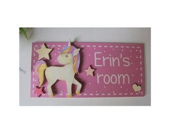 Childs Door Name Sign Plaque Personalised  UNICORN Childrens Baby Gift Boy or Girl Bedroom mid pink