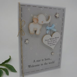 New Baby Greeting Card Personalised Name Gift Luxury Keepsake Special Handmade with WOODEN Decoration UK Elephant Boy Girl Blue Bow