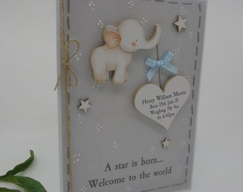 New Baby Greeting Card  Personalised Name Gift  Luxury Keepsake  Special  Handmade with WOODEN Decoration UK Elephant Boy Girl