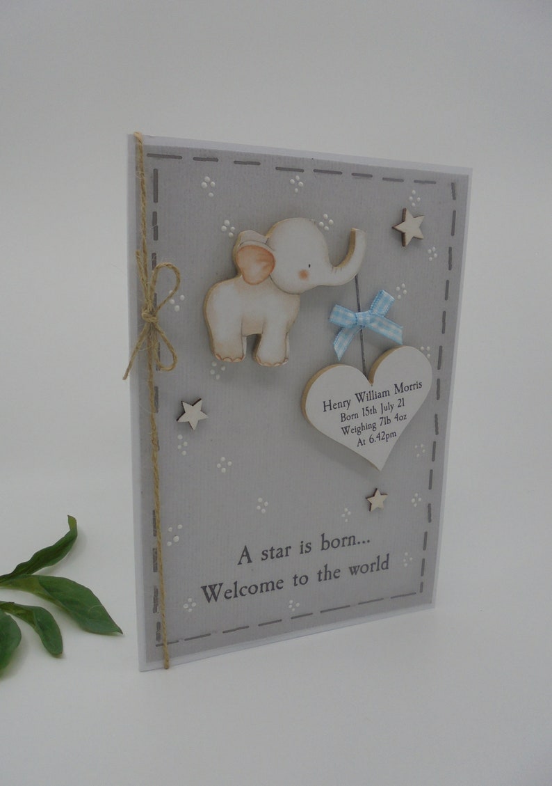 New Baby Greeting Card Personalised Name Gift Luxury Keepsake Special Handmade with WOODEN Decoration UK Elephant Boy Girl Blue Bow