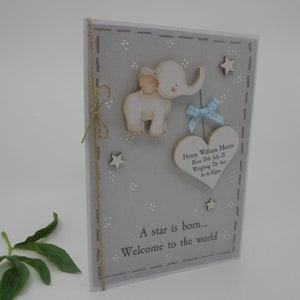 New Baby Greeting Card Personalised Name Gift Luxury Keepsake Special Handmade with WOODEN Decoration UK Elephant Boy Girl image 4