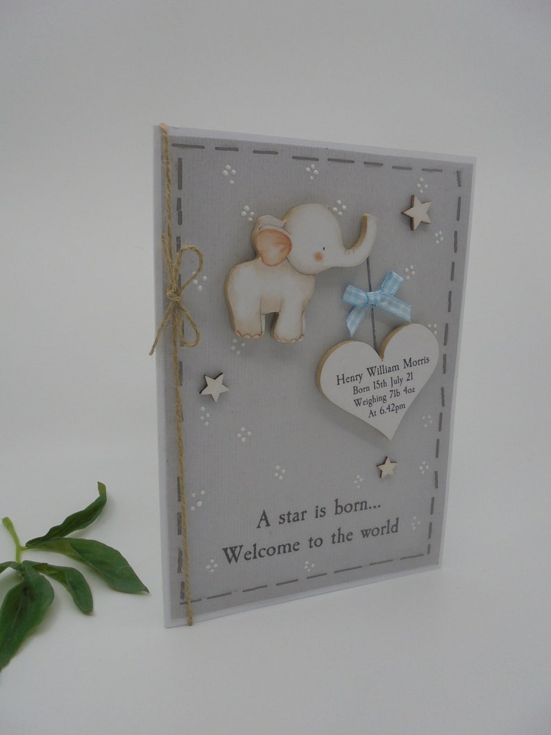 New Baby Greeting Card Personalised Name Gift Luxury Keepsake Special Handmade with WOODEN Decoration UK Elephant Boy Girl image 4