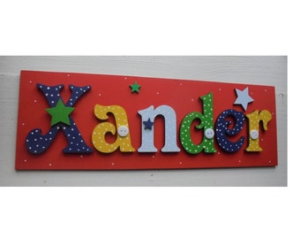 Stars Door Sign Plaque Childrens Kids **Any Name Available Max 7 letters** Wooden Hand painted Plaque Greys & YELLOW