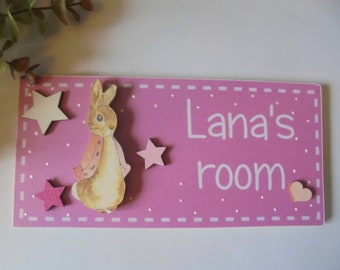 Childs Door Name Sign Plaque Personalised  **FLOPSY** Peter RABBIT Childrens Baby Gift Boy or Girl Bedroom mid pink
