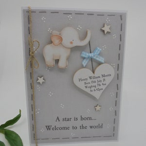 New Baby Greeting Card Personalised Name Gift Luxury Keepsake Special Handmade with WOODEN Decoration UK Elephant Boy Girl image 2