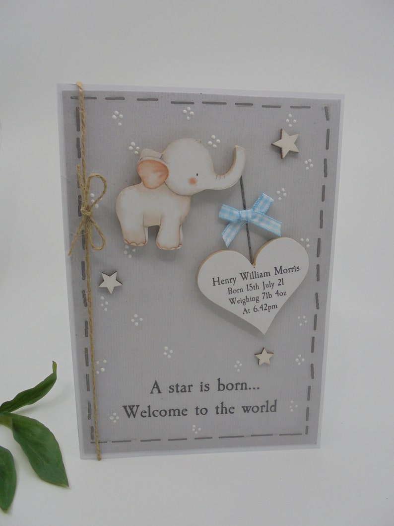 New Baby Greeting Card Personalised Name Gift Luxury Keepsake Special Handmade with WOODEN Decoration UK Elephant Boy Girl image 2