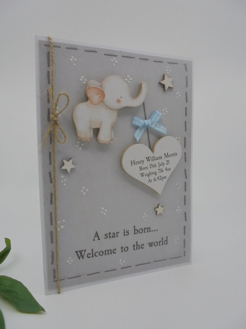 New Baby Greeting Card Personalised Name Gift Luxury Keepsake Special Handmade with WOODEN Decoration UK Elephant Boy Girl image 3
