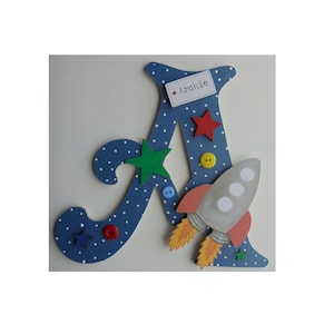 19cm Space ROCKET Childs Kids Children's Door Name Sign Room Wooden Letter Initial Personalised Plaque (vic DARK BLUE)