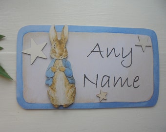 Kids Childs Door Name Sign Plaque PETER RABBIT Childrens Baby Gift Boy or Girl Bedroom (BLUE)