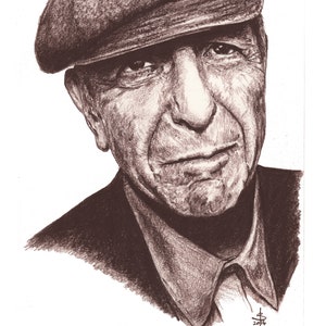 Leonard Cohen: Impresión A3 de un retrato original dibujado a mano en pastel sobre papel de cartucho, firmado por el artista