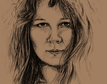 Sandy Denny - A3 - Print of Hand Drawn Portrait signed by Artist - (Black on Sepia Card or Sepia on Cartridge Paper)