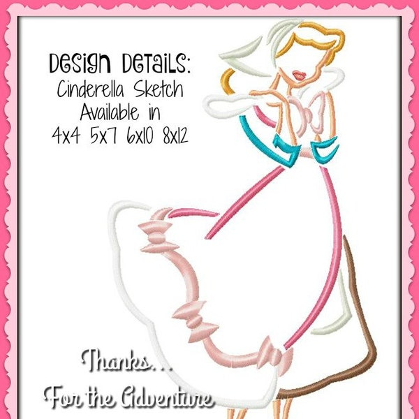 Princess Cinderella with her Cleaning Rags and Pink Dress Sketch Digital Embroidery Machine Design File 4x4 5x7 6x10 8x12