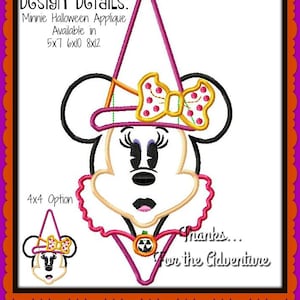 Halloween Town Minnie Mouse Pumpkin Witch  Hat Digital Embroidery Machine Applique Design File 4x4 5x7 6x10 8x12