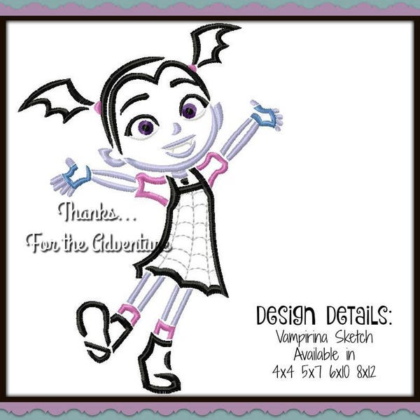 Junior Vampirina Digital Embroidery Machine Sketch Design File 4x4 5x7 6x10 8x12