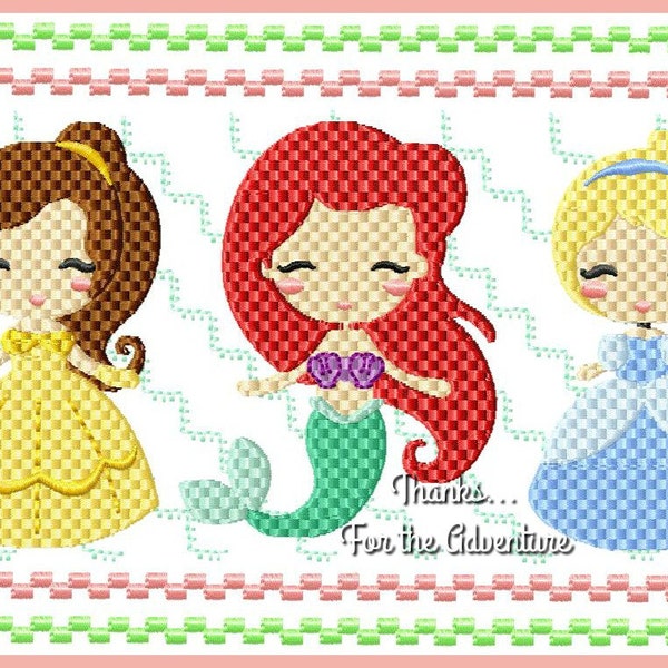 Belle Ariel Die kleine Meerjungfrau und Aschenbrödel Faux Smocking Digitale Stickdatei 15x7 6x10