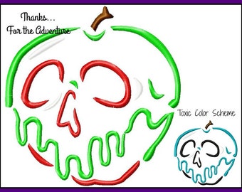 Op de afbeelding: Een groene, rode en witte appel met een schedel en gekruiste beenderen ontwerp. De tekst "Thanks... For the Adventure" staat in de linkerbovenhoek. De tekst "Toxic Color Scheme" staat in de rechterbovenhoek. Een blauwe en zwarte appel met een schedel en gekruiste beenderen ontwerp staat in de rechterbenedenhoek.