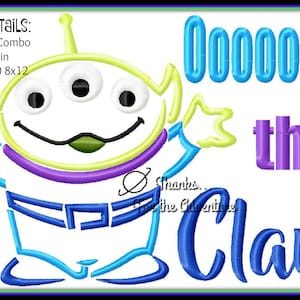 May include: A green alien character with three eyes and a purple collar, with the text "0000000 the claw!" in blue and purple. The design is available in sizes 4x4, 5x7, 6x10, 8x12 inches.