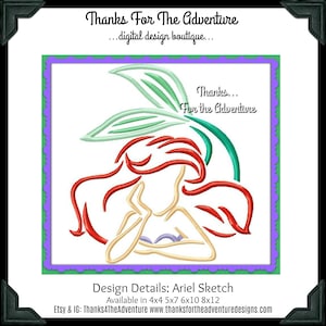 Ariel from The Little Mermaid Sketch Digital Embroidery Machine Applique Design File 4x4 5x7 6x10 8x12