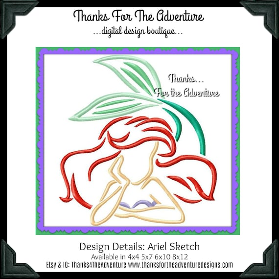 Ariel from The Little Mermaid Sketch Digital Embroidery Machine Applique Design File 4x4 5x7 6x10 8x12