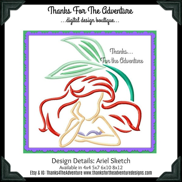 Ariel from The Little Mermaid Sketch Digital Embroidery Machine Applique Design File 4x4 5x7 6x10 8x12